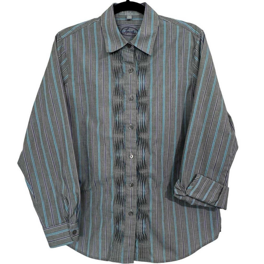Foxcroft Gray Button Up Wrinkle Free Striped Shaped Fit Top with Ruffles Size 10